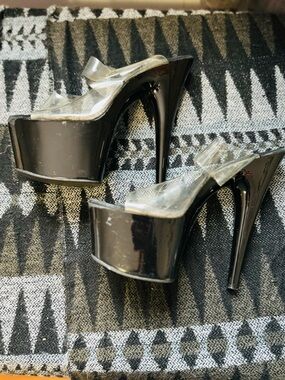 Pleaser Black Platform Stiletto Heels with Clear Straps